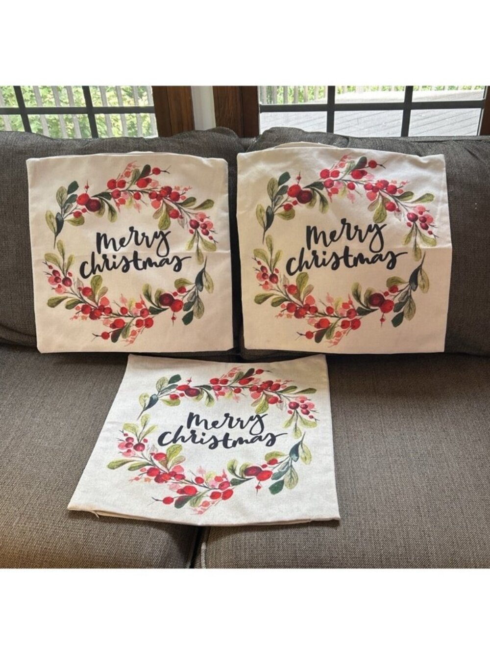 Set of 3 Decorative Pillow Covers 17.5” Square Berry Wreath Merry Christmas